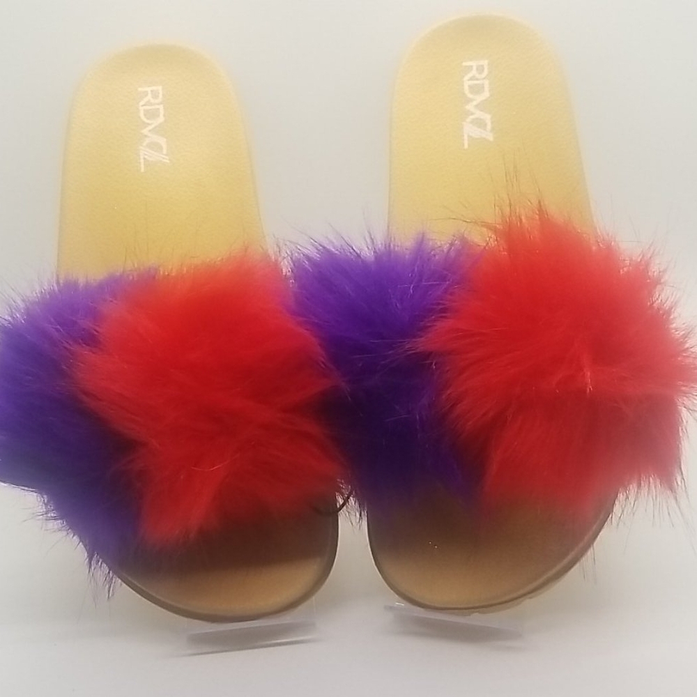 Playful Red and Purple Pom-Pom Slippers